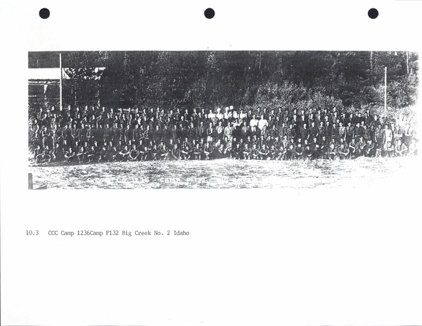 Photocopy of “CCC Camp 1236 Camp F-132 Big Creek No.2 Idaho” in view lots of individuals posing for the photo. Image contains the text: "10.3 CCC Camp 1236Camp F132 Big Creek No. 2 Idaho"