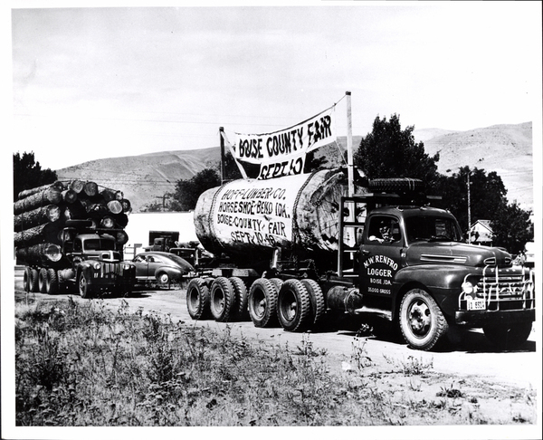 Horseshoe Bend- Boise County Fair “September 10th 1949,” logging trucks. Image contains the text: "BOISE COUNTY FAIR SEPT 10 HOF LUMBER CO. HORSESHOE BEND IDA. BOISE COUNTY FAIR SEPT 10 49 M.W. RENFRO LOGGER BOISE IDA. 35000 GROSS"