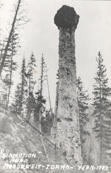 Original postcard of Rock formation near “Roosevelt, Idaho”. Image contains the text: "FORMATION NEAR ROOSEVELT IDAHO YEAR 1907"