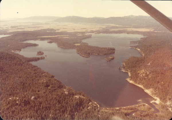 Original colored aerial photograph of Payette Lake with North Beach in foreground