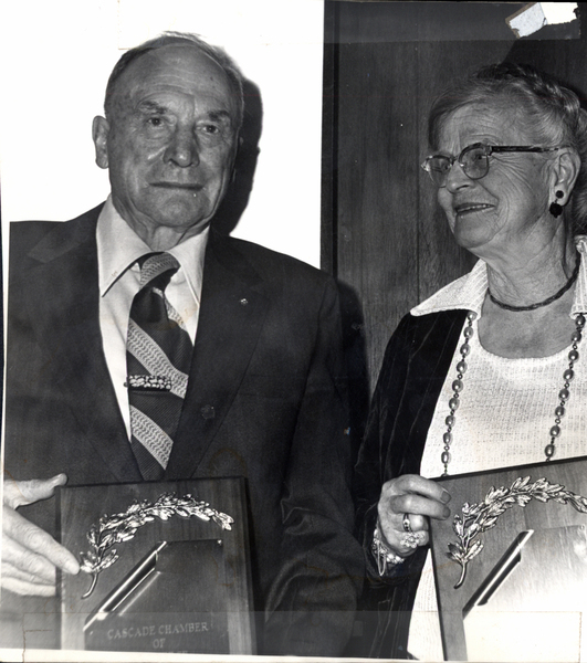 “Man and Women of the Year Awards” Marion Kerby and Joe Bennett. Image contains the text: "CASCADE CHAMBER OF"