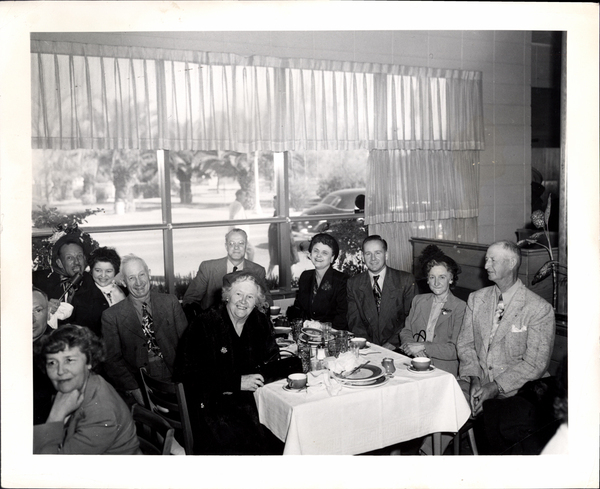 McCall residents at a luncheon. From left to right Cory Engen, Norma Engen, Letha Takila, Bill Dienhard, John Sackerman, Ida Brown, Mamie Dienhard, John Takala, Mary Sackerman, and Carl Brown.