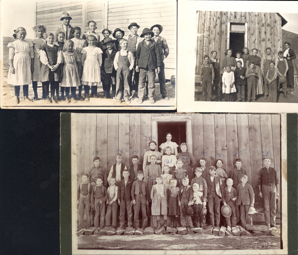 Original school photographs, first postcard has no information, second postcard has a 1 cent stamp and written, “ Here you are with my …..received your letter with … When will Jan. 8th epamo be held. My mail from now on will be so uncertain I may get then late. Just heard that Cortwright and others won out. Board knew nothing of it. How did it happen? Can you send neyeart of finances of District to me? How much library money will we get in Jan? Roger Frago Novel now and then to school. Want to get some helpful books from Grimm and Co. Rogers has not improved on acquaintance but science has. Wish you a Merry X Mas. Mrs. E. Hawker to Miss Blancho Besecher Idaho City, Idaho. From Caldwell Idaho Decmeber 22nd 1912.” Final photo is a school photo the names are left to right, bottom to top: 1-Revella Fanell, 2-Pat Fanell, 3-Dick Wilson, 4- Joe Anderson, 5- George Wilson, 6- Anna Campbell, 7-Stella Campbell, 8-Rollie Campbell, 9-Earl Jones, 10- Austin Goodman,11- Edward Goodman, 12-Albert Campbell, 13-Henry Wilson, 14-Clara Campbell, 15-Elise Jones, 16- Lilah Rigdon,17- Bill Anderson, 18-Jim Madison, 19-Harold Campbell, 20- Hattie Smith, 21- Bell Karlskint, 22-Ethil Madison, 23- Tommy Rigdon, 24- Anthun Campbell, 25-Tom Smith, and 26- Fred Campbell. About 1901.