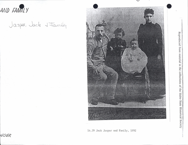 Photocopy of Jack Jasper and family. Image contains the text: "Jasper Jack & Family  14.39 Jack Jasper and Family 1892  Reproduced from material in the collections of the Idaho State Historical Society"