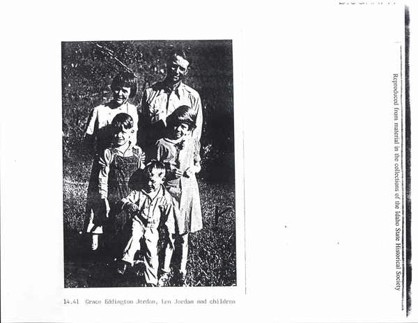 Photocopy of Grace Eddington Jordan, Len Jordan and children. Image contains the text: "14.41 Grace Eddington Jordan Len Jordan and children"