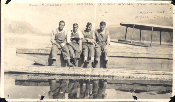 Jess Rutledge, Cy Kimball, George McCall, and Jack McMurren. Image contains the text: "JESS RUTLEDGE CY KIMBALL GEORGE MCALL JACK MCMURREN   Approx 1918   McCall Idaho"