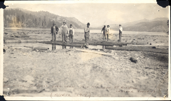 George McCall, Joe Bross, Earl Shaw, Jack McMurren, Cy Kimball, Chester Stevens. Image contains the text: "Doc Michel Joe Asher Buel Shaw Jack McPherson Cy Kimball Chester Stevens approx 1917"