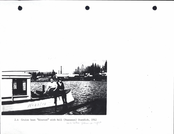 Cruise boat “Winston” of the lake, on the boat is Nell (Paananen) Standish and Lottie Yokurn on the right. Image contains the text: "2.4 Cruise boat "Winston" with Nell (Paananen) Standish, 1912 and Lottie Johnson on right"