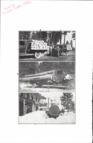 Photocopy of three images :Hauling ties on trucks, loaded log truck, huge log in downtown McCall in winter. Image contains the text: "mail to  McCall Public Library"