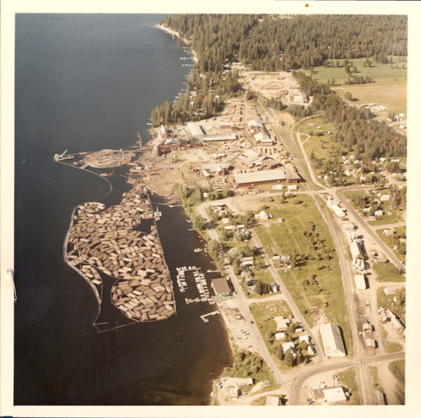 Aerial view of McCall with log boom