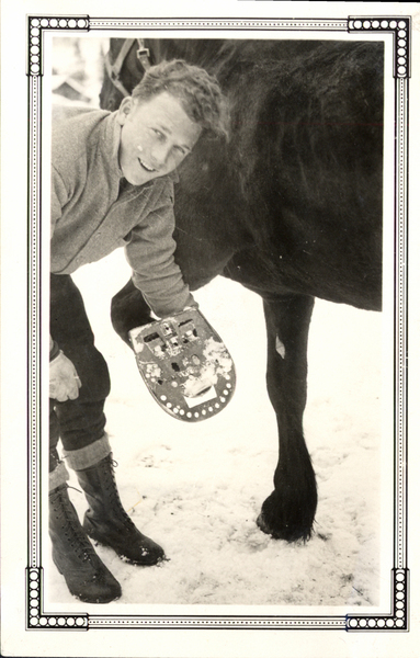 Faye Johnson adding snow shoes to a horse at King’s Pine