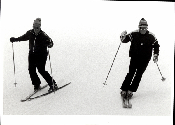 A winter scene with two skiers, Engen brothers?