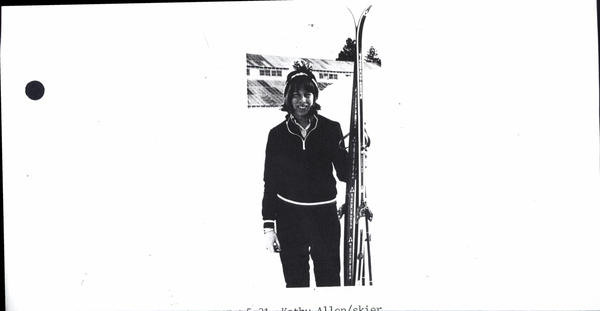 Photocopy of skier Kathy Allen. Image contains the text: "f 34 Kathy Allen skier"