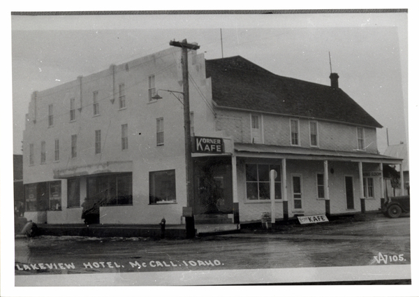 Lakeview Hotel, McCall, Idaho in view there is Korner Kafe. Image contains the text: "LAKEVIEW HOTEL. MCCALL. IDAHO."