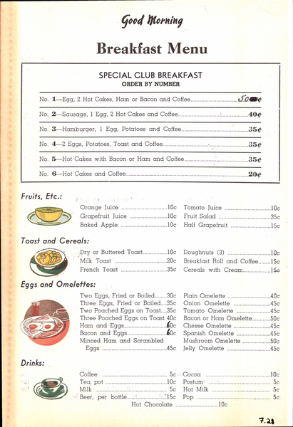 Original back side of diner menu. Image contains the text: "Good Morning  Breakfast Menu  SPECIAL CLUB BREAKFAST ORDER BY NUMBER  No. 1—Egg, 2 Hot Cakes, Ham or Bacon and Coffee 50c No. 2—Sausage, 1 Egg, 2 Hot Cakes and Coffee 40c No. 3—Hamburger, 1 Egg, Potatoes and Coffee 35c No. 4—2 Eggs, Potatoes, Toast and Coffee 35c No. 5—Hot Cakes with Bacon or Ham and Coffee 35c No. 6—Hot Cakes and Coffee 20c  Fruits, Etc.:  Orange Juice 10c Grapefruit Juice 10c Baked Apple 10c Tomato Juice 10c Fruit Salad 35c Half Grapefruit 15c  Toast and Cereals:  Dry or Buttered Toast 10c Milk Toast 20c French Toast 35c Doughnuts (3) 10c Breakfast Roll and Coffee 15c Cereals with Cream 15c  Eggs and Omelettes:  Two Eggs, Fried or Boiled 30c Three Eggs, Fried or Boiled 35c Two Poached Eggs on Toast 35c Three Poached Eggs on Toast 40c Ham and Eggs 60c Bacon and Eggs 60c Minced Ham and Scrambled Eggs 45c Plain Omelette 40c Onion Omelette 45c Tomato Omelette 45c Bacon or Ham Omelette 50c Cheese Omelette 45c Spanish Omelette 45c Mushroom Omelette 50c Jelly Omelette 45c  Drinks:  Coffee 5c Tea, pot 10c Milk 5c Beer, per bottle 15c Cocoa 10c Postum 10c Hot Milk 5c Pop 5c Hot Chocolate 10c  7.28"