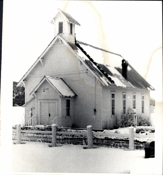 Finnish church front view, “Valley County, Farm to Market Road: Finnish Church, front view, now on National Register of Historic Places, completed and dedicated in 1917. Alice Koskella was Site Surveyor, 1980. More material on this structure and it history in vertical file, McCall Public Library and courtesy of Progressive Club, McCall.