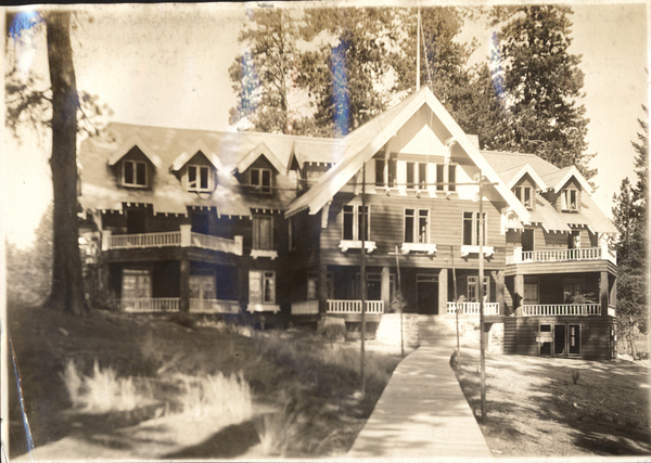 View of the Payette Lakes Inn. Written on the bottom “Payette Lakes Inn, built by Cottingham (?) 1917.”