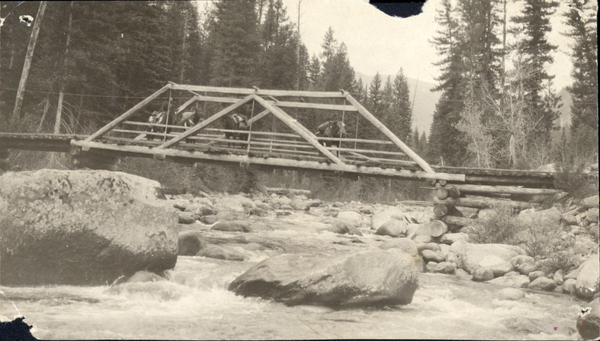 Lardo Bridge, with four mules on the log structure bridge