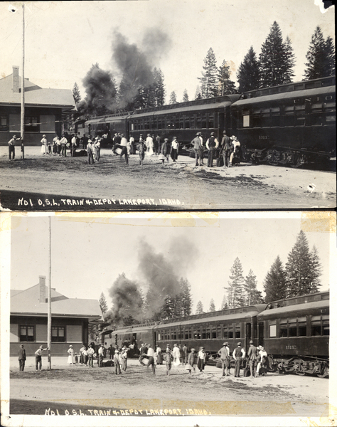 Original postcards of “No. 1 O.S.L Train and Depot, Lakefork, Idaho. Image contains the text: "No 1 O S L Train Depot Lakeport Idaho No 1 O S L Train Depot Lakeport Idaho"