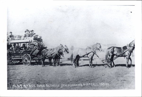 No. 29 Stage coach between New Meadows and McCall, Idaho, on back side, “As you know, the road did not go down Goose Creek Canyon then (1910). It turned West on rock flat over the mountains and down Big Creek to Old Meadows. I can’t identify any of the people except Willie Pottenger (the driver) and I understand one of the Jasper boys was riding beside him. Dorothy (Mrs. Joe) Sterling Emmett, Idaho. Raw on page two, Thursday 6-30-77 Star News. #99 Stage Coach between New Meadows and McCall.”. Image contains the text: "No 89 Stage Coach Between New Meadows & McCall Idaho"