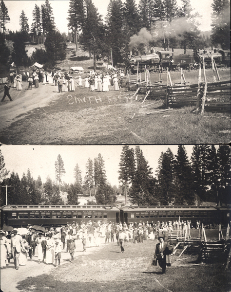 “Railroad coming to Smith’s Ferry,” view of train and a large crowd. Image contains the text: "SMITH'S FERRY Oregon Short Line"