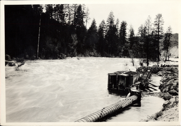 Flume from diversion dam (right background) directing water into large tube for hydraulic mining