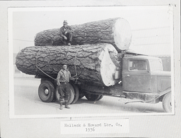 Hallack and Howard Lumber Company with a truck loaded with two huge logs. Image contains the text: "Hallack & Howard Lbr. Co. 1936"