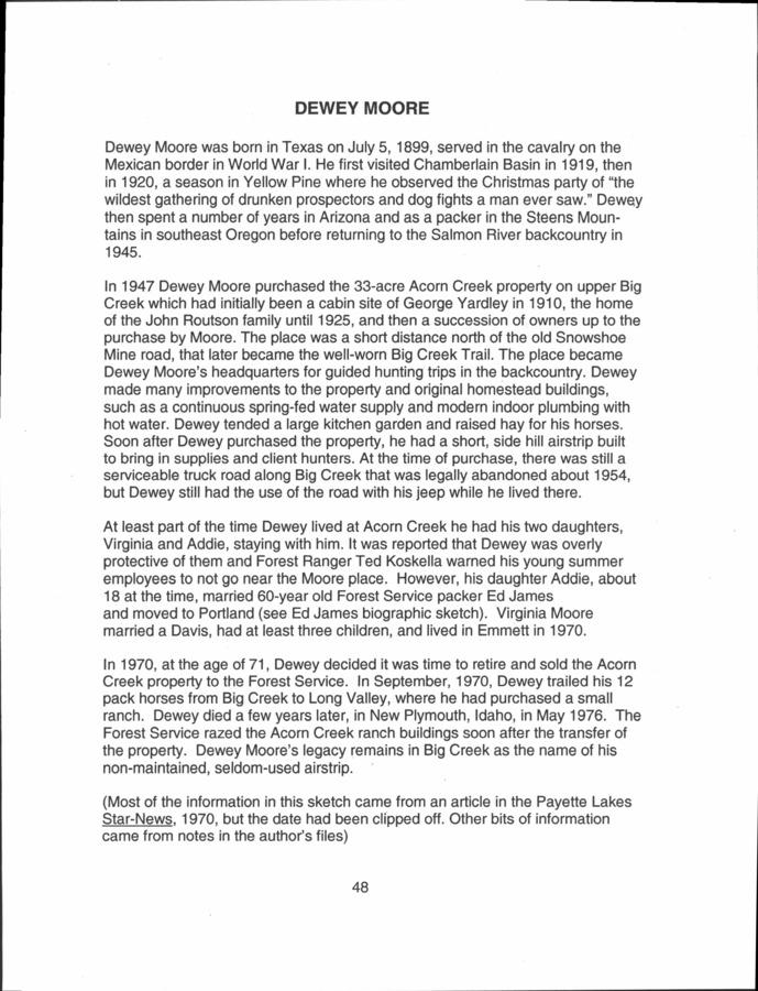 4 pages of family history documents containing and related to Dewey Moore; Acorn Creek; Arthur Garden; Viola Garden; Yellowstone Kid - including: Star News