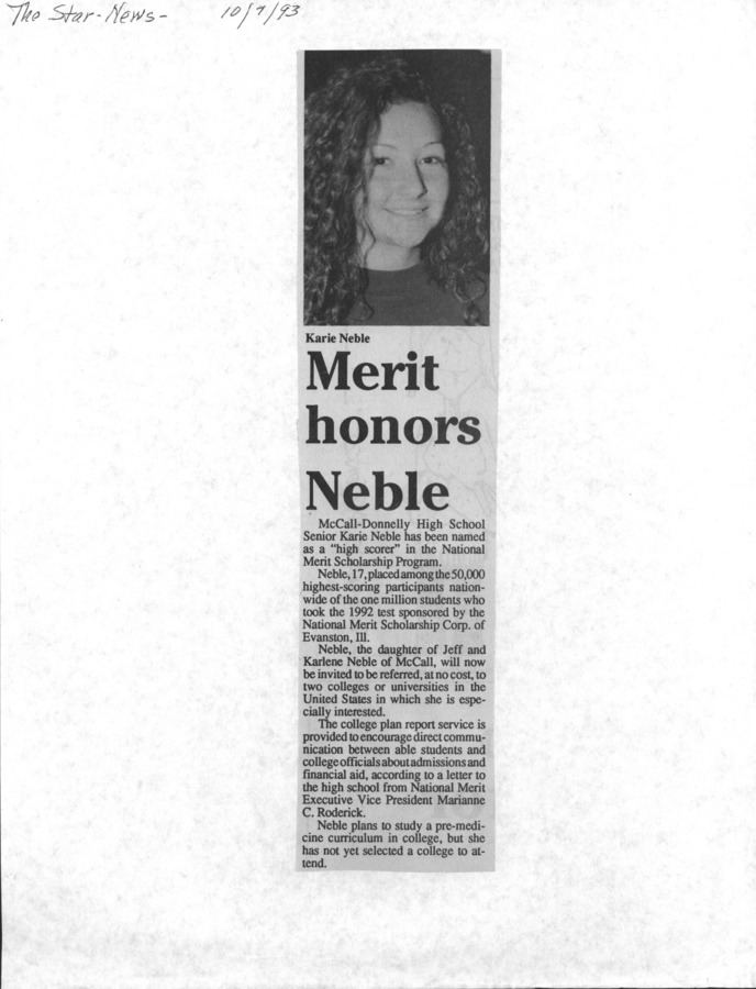 1 page of family history documents containing and related to Karie Neble - including: Star News article and photo of Karie Neble being named high scorer in National Merit Scholarship Program