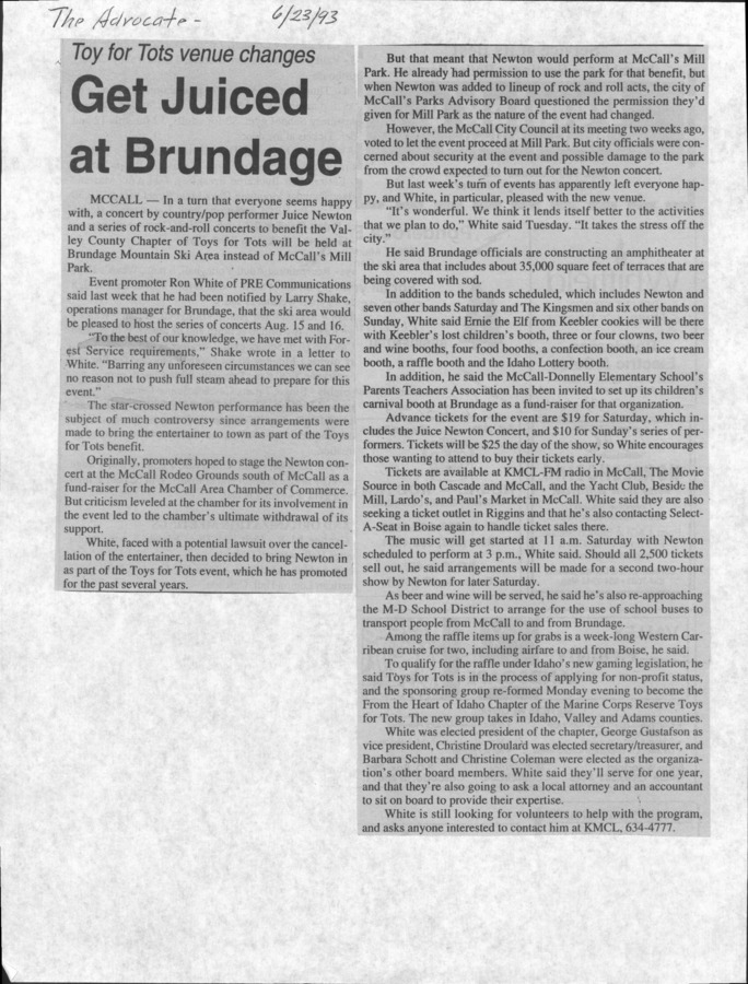 2 pages of family history documents containing and related to Juice Newton; Ron White; Brundage Mountain Ski Area - including: The Advocate and Star News