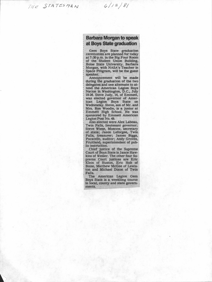 81 page of family history documents containing and related to Barbara Morgan; Clay Morgan; Christa McAuliffe; Jim Beaver; Nasa - including: Idaho Statesman, Star News and Idaho Art Journal