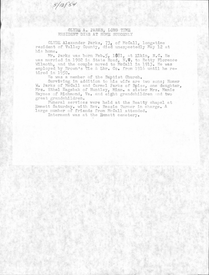 2 pages of family history documents containing and related to Clyde A. Parks; Betty Parks; Carmel Parks - including: Personal death announcements