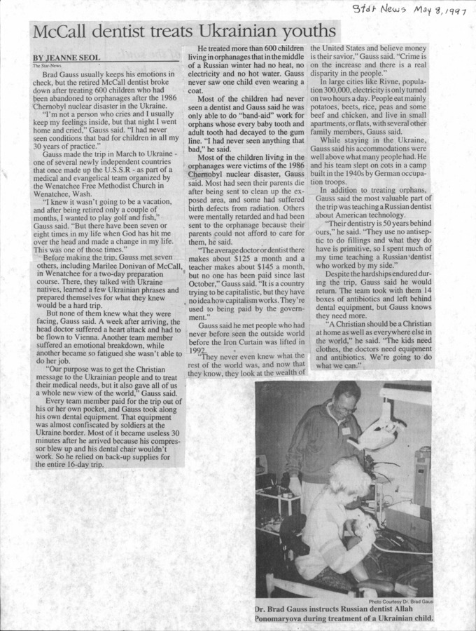 1 page of family history documents containing and related to Dr. Bradford Gauss - including: Star News article