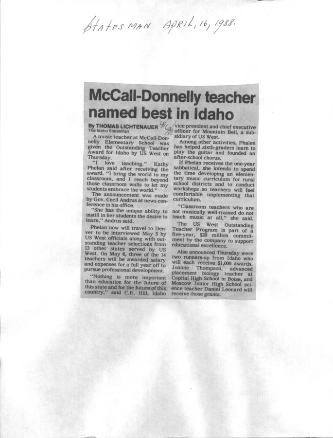 1 page of family history documents containing and related to Kathy Phelan; US West Outstanding Teacher Program - including: Idaho Statesman