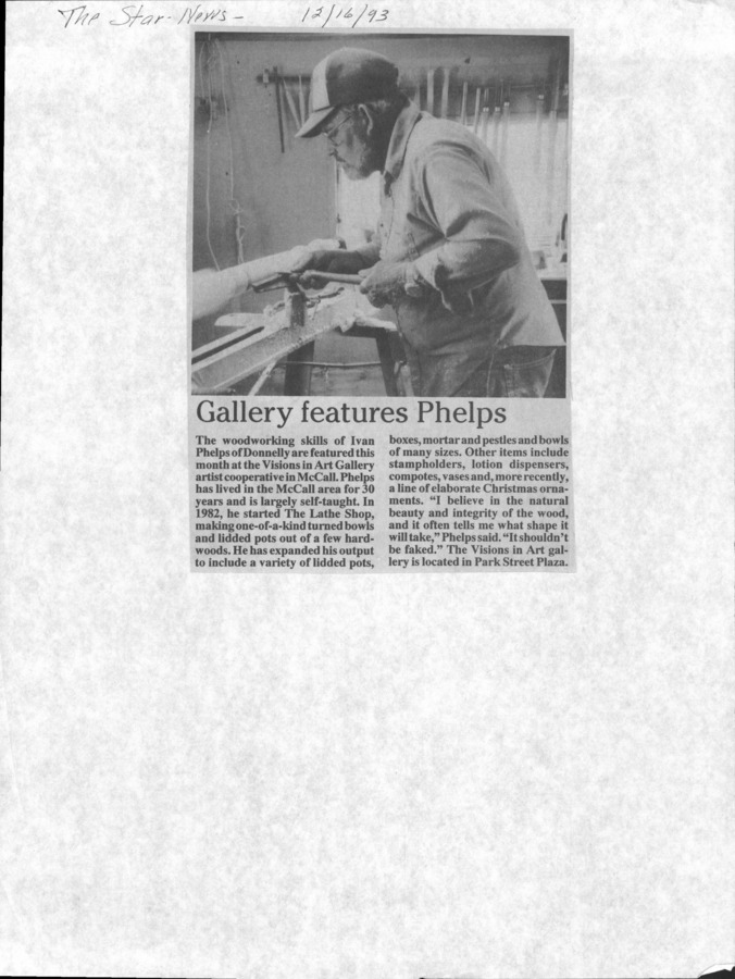 1 page of family history documents containing and related to Ivan Phelps; Visions in Art Gallery - including: The Star News