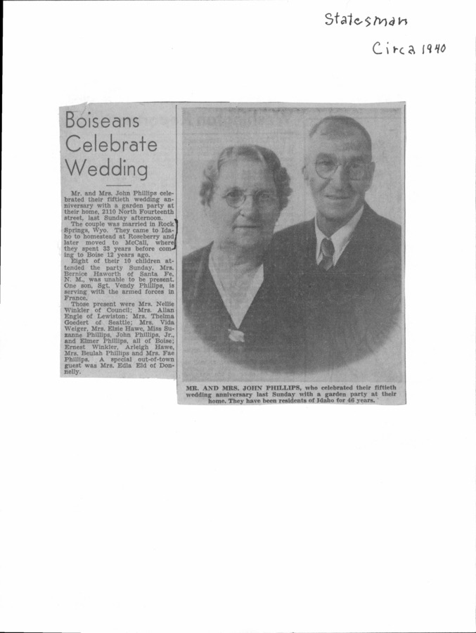 1 page of family history documents containing and related to John Phillips; Mrs. John Phillips - including: The Statesman, 50th Wedding Announcement