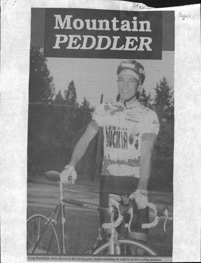 11 page of family history documents containing and related to Greg Randolph - including: Greg Randolph of McCall. a competitive cyclist, who raced in the Atlanta Olympics, and Tour de France and became professional.