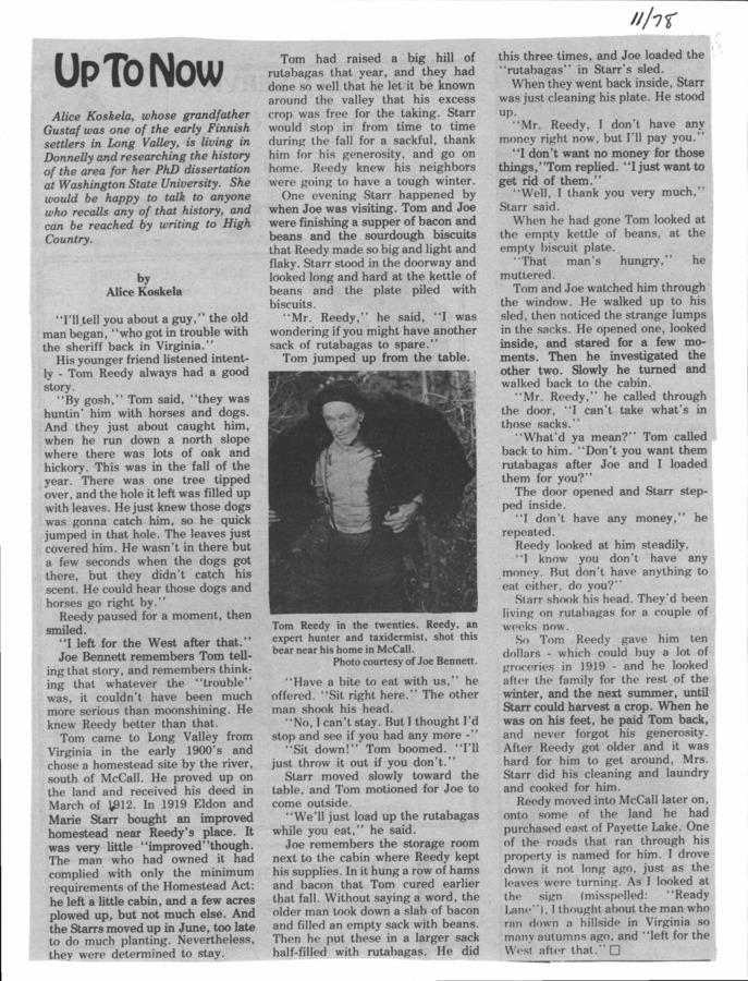 1 page of family history documents containing and related to Tom Reedy; Eldon Starr; Marie Starr; Ready Road - including: Newspaper clipping "up to Now"
