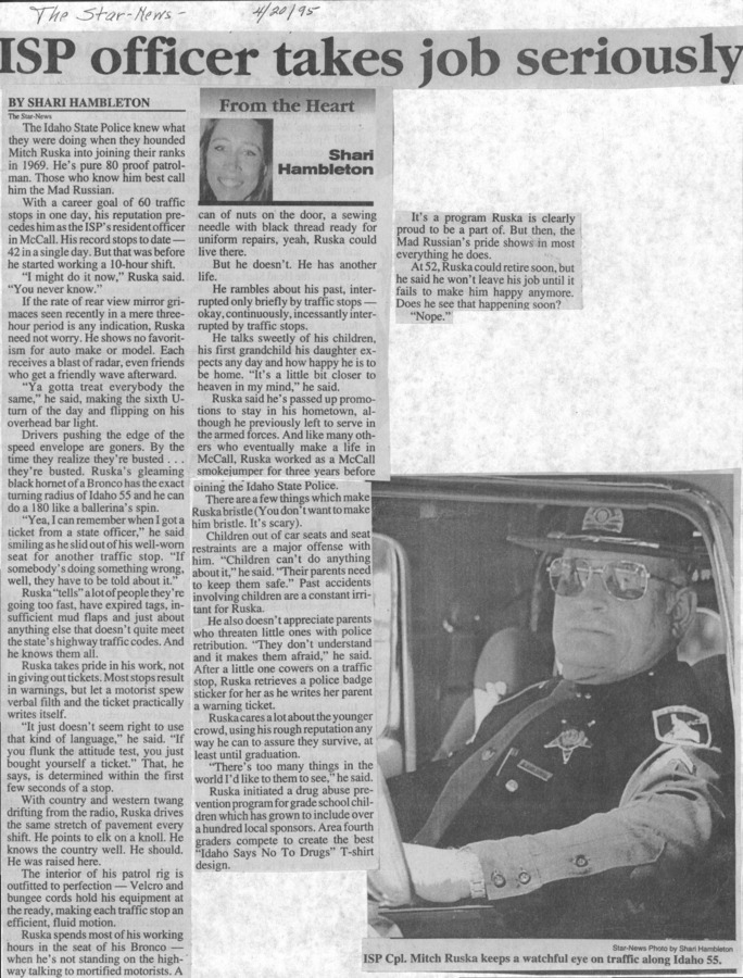 3 pages of family history documents containing and related to Mitch Ruska; Idaho State Trooper - including: Star News articles
