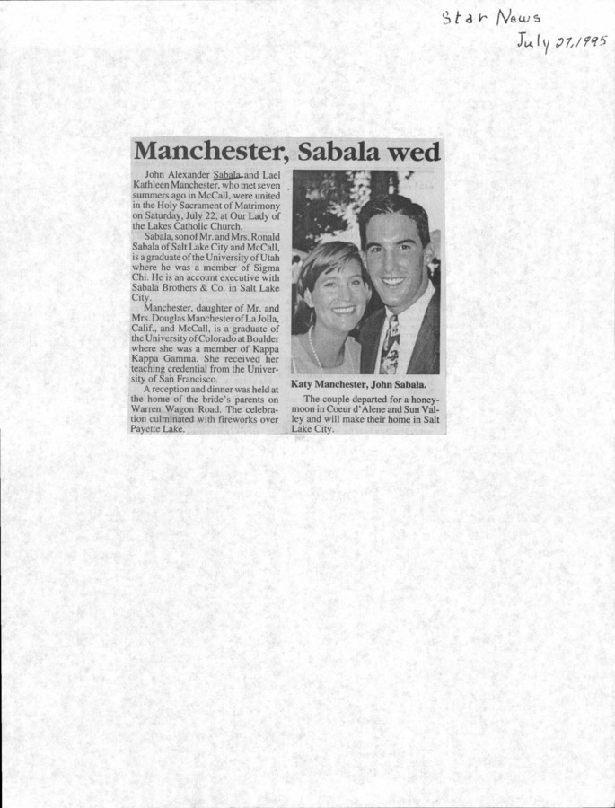 2 pages of family history documents containing and related to John A. Sabala; Lael Kathleen Manchester Sabala; Louis A Sabala; Susanne A. Roulston Sabala; Ron and Diana Sabala; Sabala Bros. of SLC - including: Star News Wedding announcements
