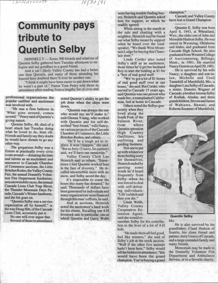 1 page of family history documents containing and related to Quentin Selby; Pastor Tom Penry; Quentin E Selby; Nancy Gestrin - including: Article on Auctioneer Quentin Shelby