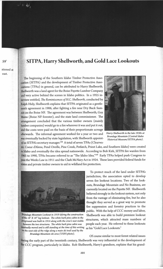 12 pages of family history documents containing and related to Harry Shellworth; SITPA; TPA; Gold Lace Lookouts; Forest Service; CCC Program; Roger Taylor; Vera Taylor;Al Noyesl Marita Noyes;Dave Lewis Ranch - including: Outdoor Life Magazine, Pages copied from (unknown) book with history information,Chapter titled, "SITPA, Harry Shellworth & Gold Lace Lookouts
