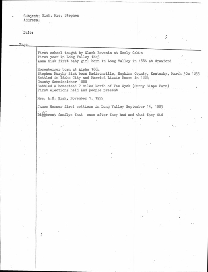 1 page of family history documents containing and related to Anna Sisk; Anna Elizabeth Sisk; Mrs. Stephen Sisk; Mrs. L. M. Sisk; James Horner; Stephen Murphy Sisk; Lizzie Moore; - including: Personal reflection outline