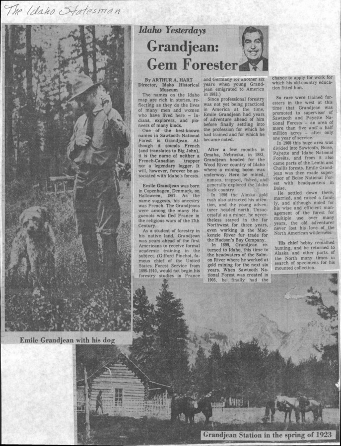2 pages of family history documents containing and related to Emile Grandjean - including: Payette National Forest; News articles