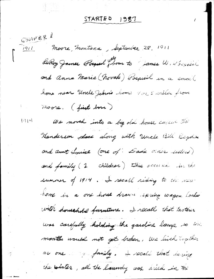 185 pages of family history documents containing and related to Gladys Shelton; LeRoy James Pospisil - including: Hand written Reflections and Memories