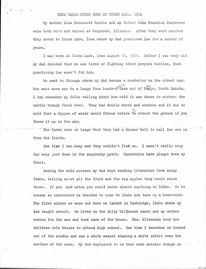 6 pages of family history documents containing and related to Edna Marie Pemberton Spink; John Spink; Teaching in Long Valley; Nampa Art Guild - including: Personal account given