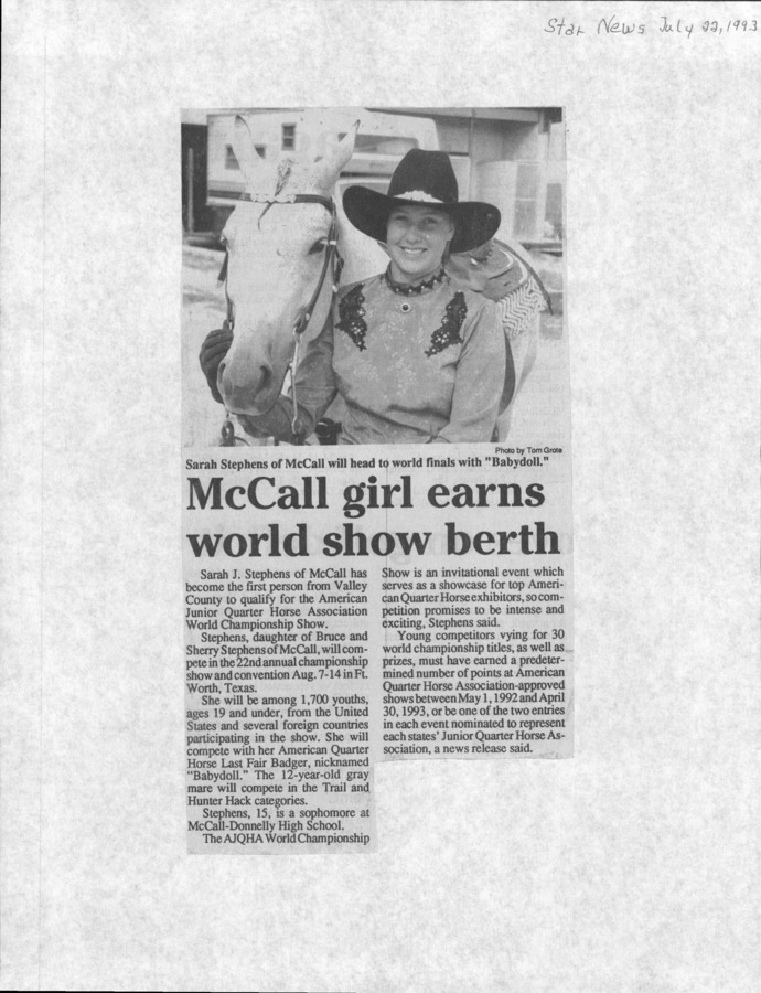 2 pages of family history documents containing and related to Sarah J. Stephens; American Junior Quarter Horse Association - including: Star News article