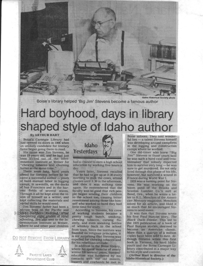1 page of family history documents containing and related to Jim Stevens; Intermountain Institute in Weiser; Paul Bunyan stories - including: Idaho Statesman, Idaho Yesterdays