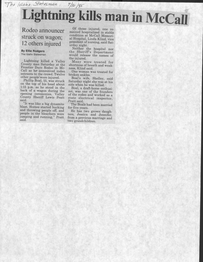 1 page of family history documents containing and related to Phillip Boal - including: Idaho Statesman news article; lightning strike accident