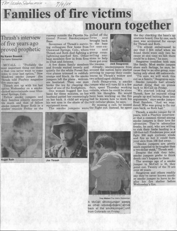 6 pages of family history documents containing and related to James Thrash; Jim Thrash; Holly Thrash; Roger Roth - including: Star News, Idaho Statesman
